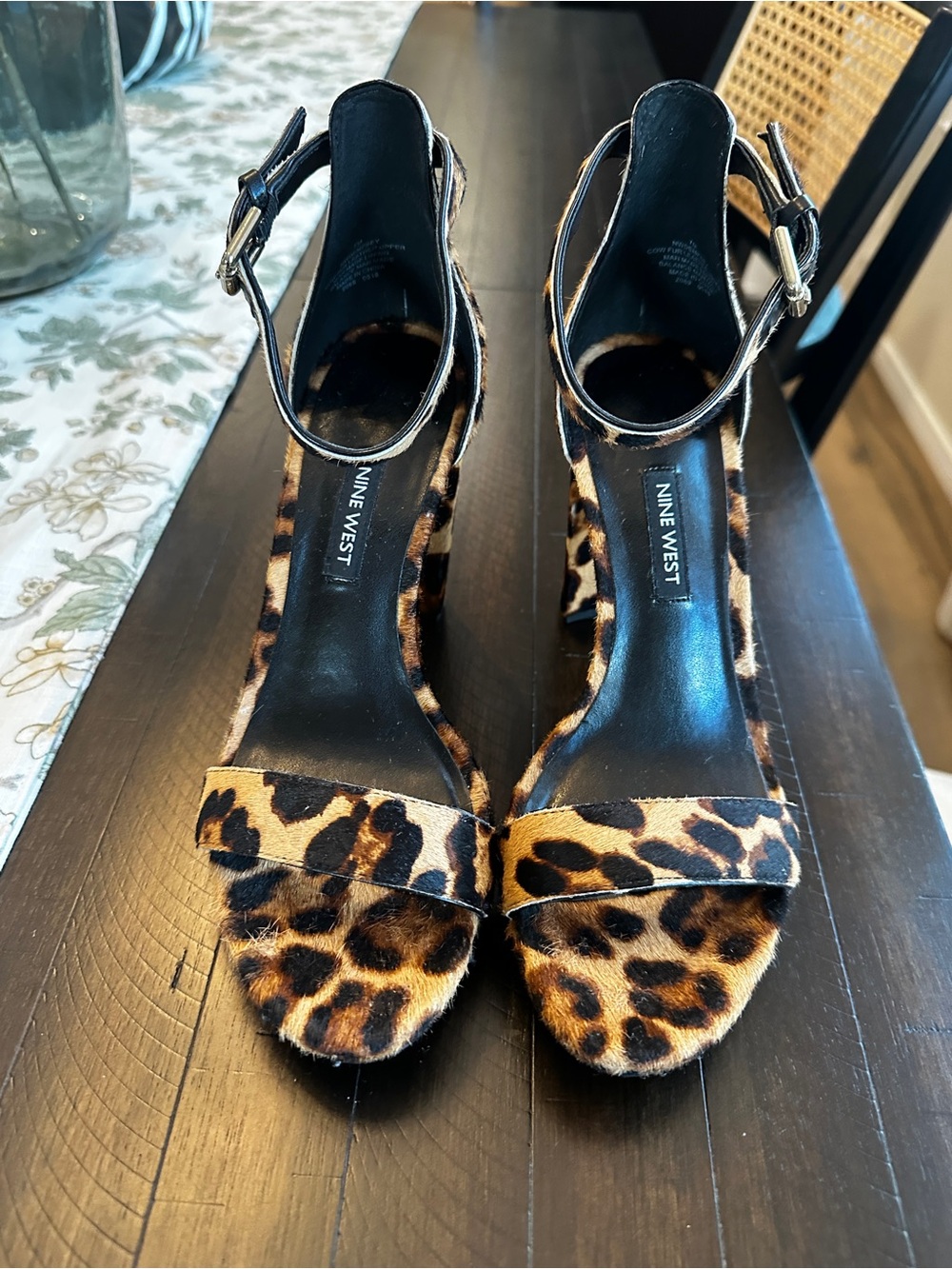 Nine West Leopard Print Ankle-Strap Heels - Brown/Black